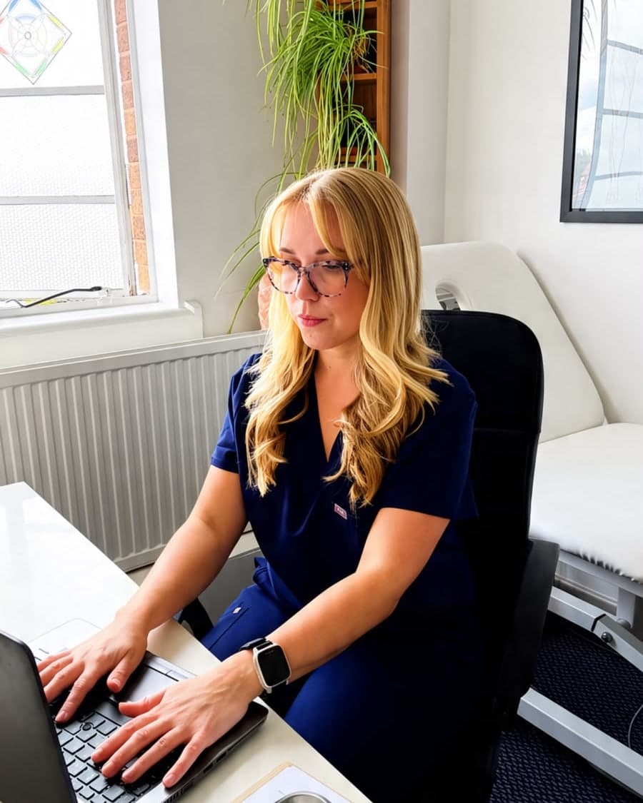 Jemma at her desk in navy scrubs, with a blood collection tray beside her