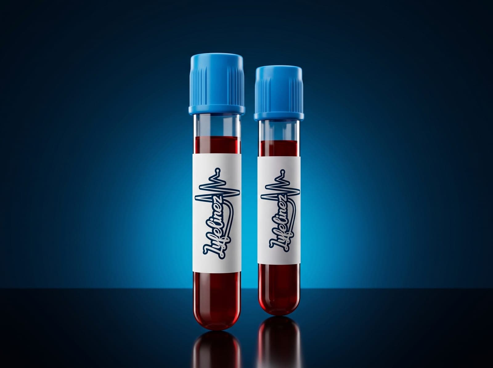 Two Lyfelinez-labelled blood sample tubes with blue caps under studio light