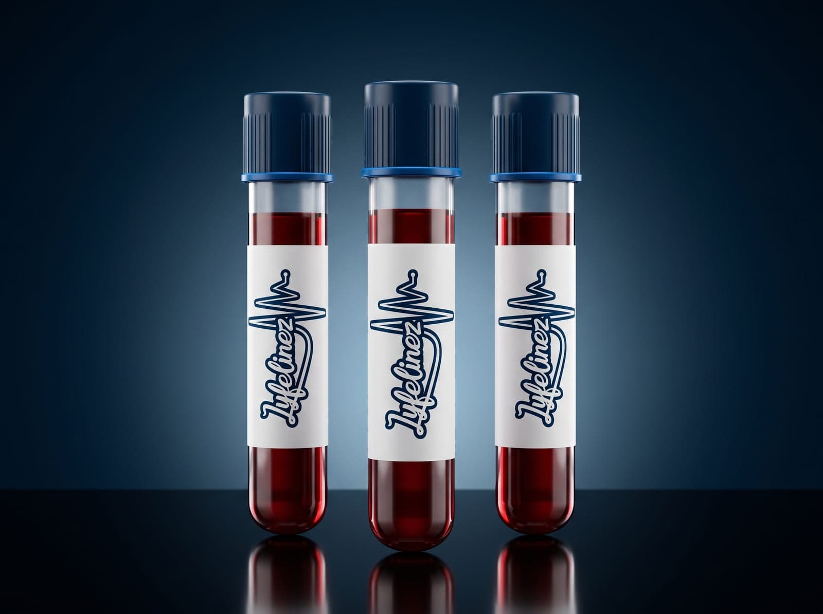 Three Lyfelinez-labelled blood sample tubes with navy caps under cool studio light