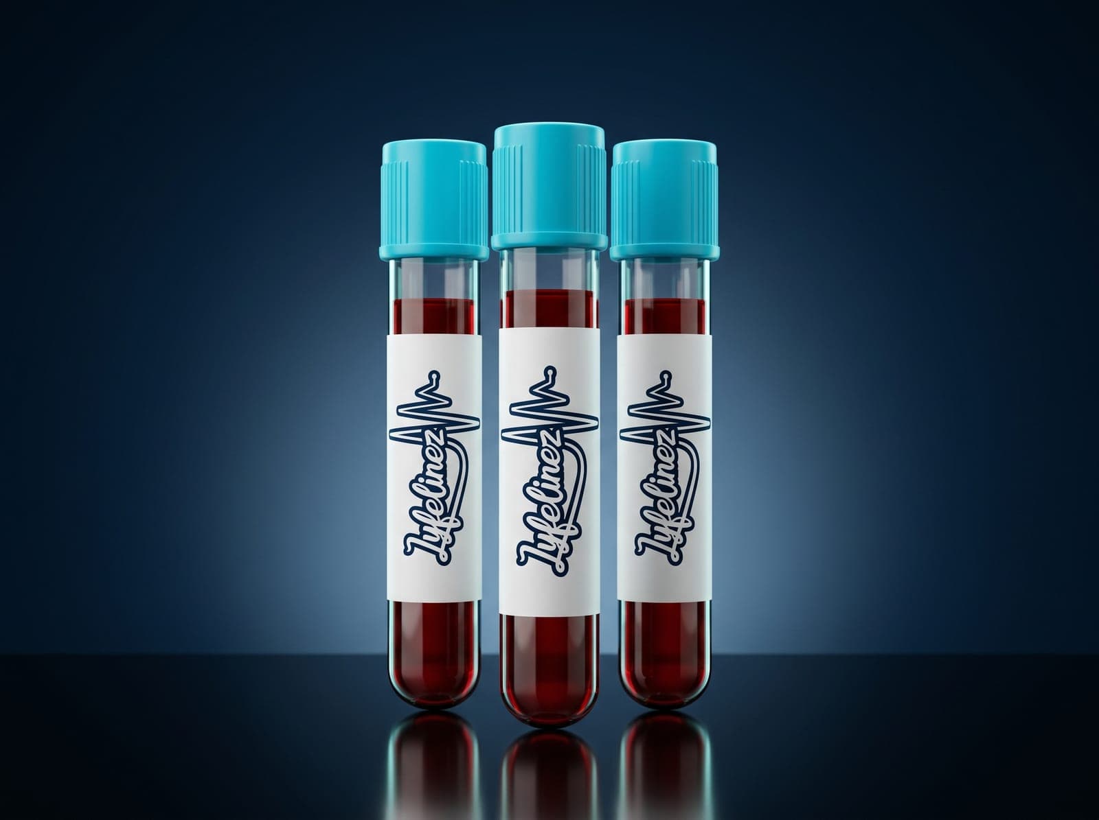 Three Lyfelinez-labelled blood sample tubes with aqua caps under soft studio light