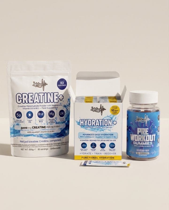The Gym Lyfeline: Creatine+ tub, Hydration+ sticks and Pre Workout gummies laid out on a gym bench.