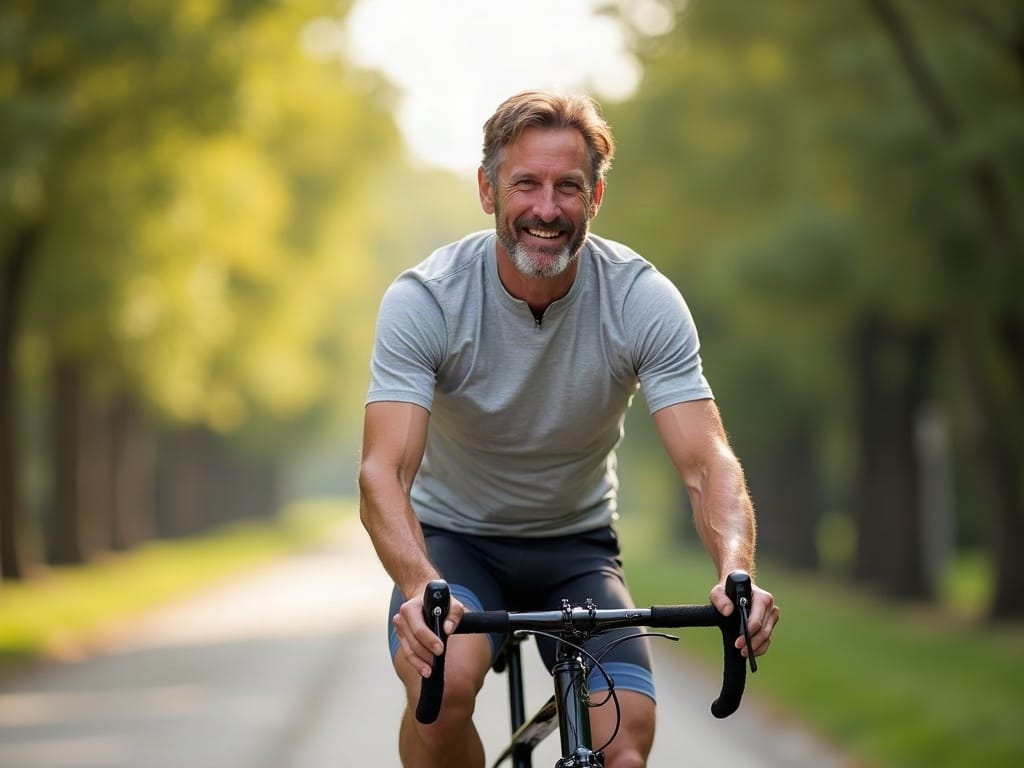 An everyday cyclist riding on a bright morning